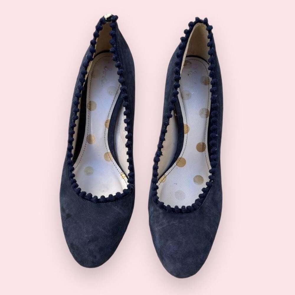 Boden Navy Blue Suede Pom Pom Trim Scalloped Heels Pumps